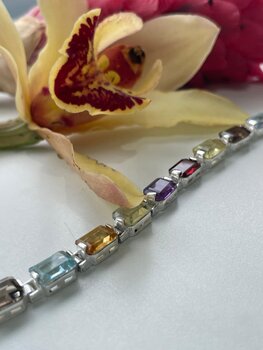 PULSEIRA DE PRATA, PEDRAS VARIADAS RETANGULARES