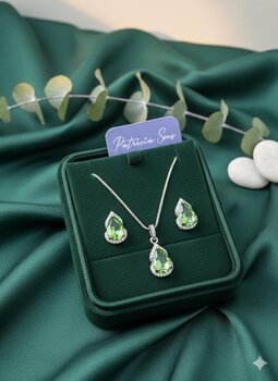 CONJUNTO FOLHEADO A RÓDIO, GOTA CRISTAL VERDE CLARO, CRAVEJADO EM VOLTA