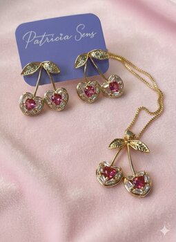CONJUNTO FOLHEADO OURO, CEREJA COM CRISTAL
