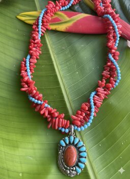 COLAR CORAL GALHOS E TURQUESA ARIZONA BOLINHA COM PINGENTE