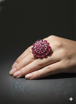 ANEL PRATA, NA FORMA DE FLOR, COM PEDRA RUBI INDIANO