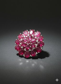 ANEL PRATA, NA FORMA DE FLOR, COM PEDRA RUBI INDIANO