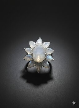 ANEL PRATA, NA FORMA DE FLOR, PEDRA DA LUA