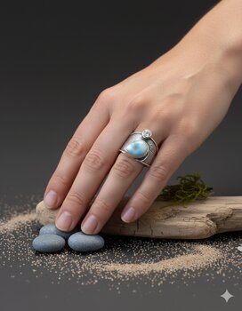 ANEL DE PRATA ENVELHECIDA, RISCOS, COM LARIMAR GOTA E ZIRCÔNIA