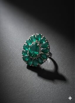 ANEL DE PRATA, NA FORMA DE FLOR COM PEDRA ESMERALDA INDIANA