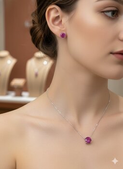 CONJUNTO FOLHEADO RODIO, REDONDO CRISTAL FUSION PINK