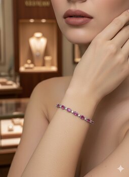 PULSEIRA FOLHEADA RODIO, GOTAS CRISTAL ROSA PINK